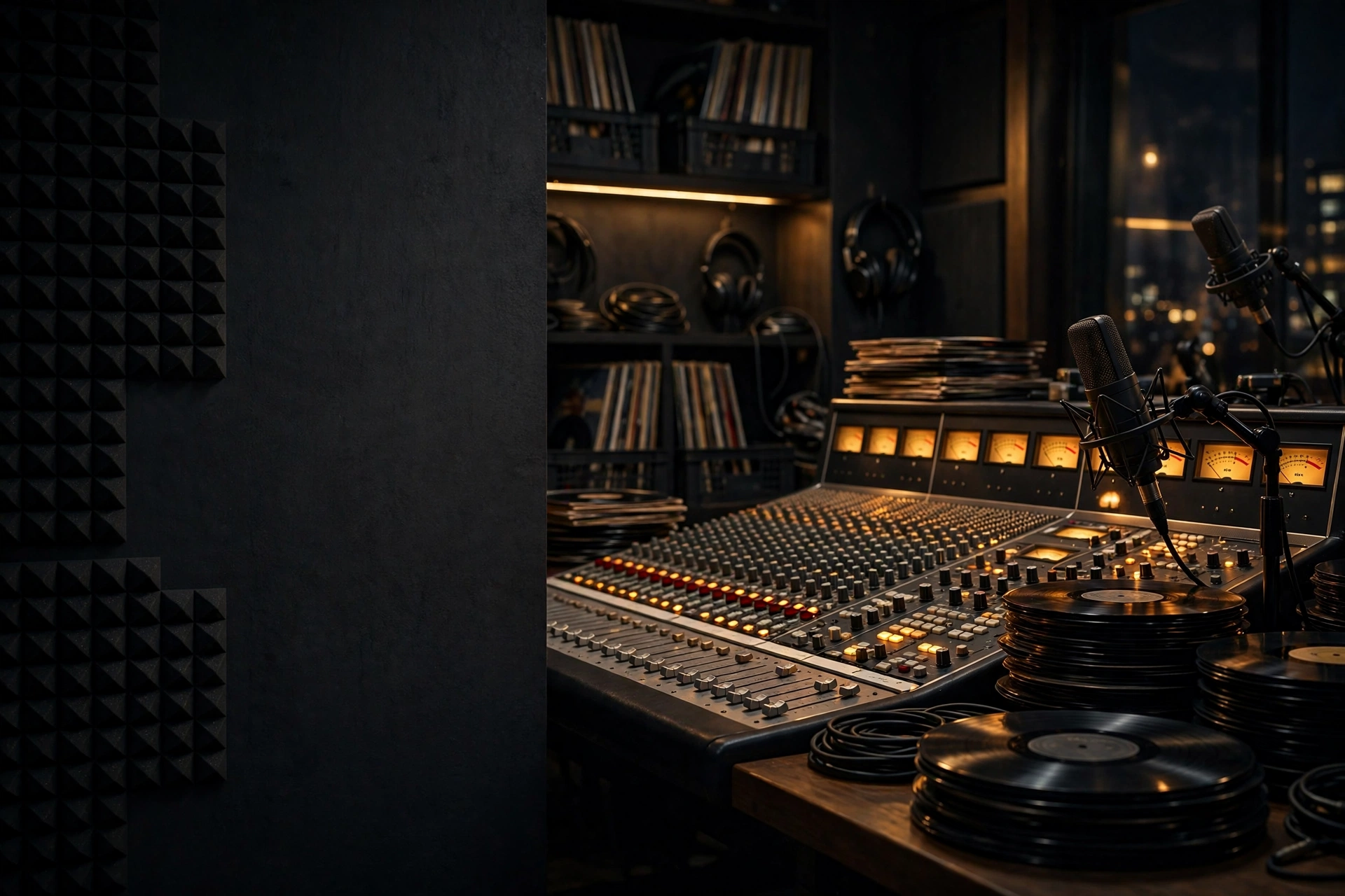 Professional recording studio with mixing console, microphones and vinyl records under warm light