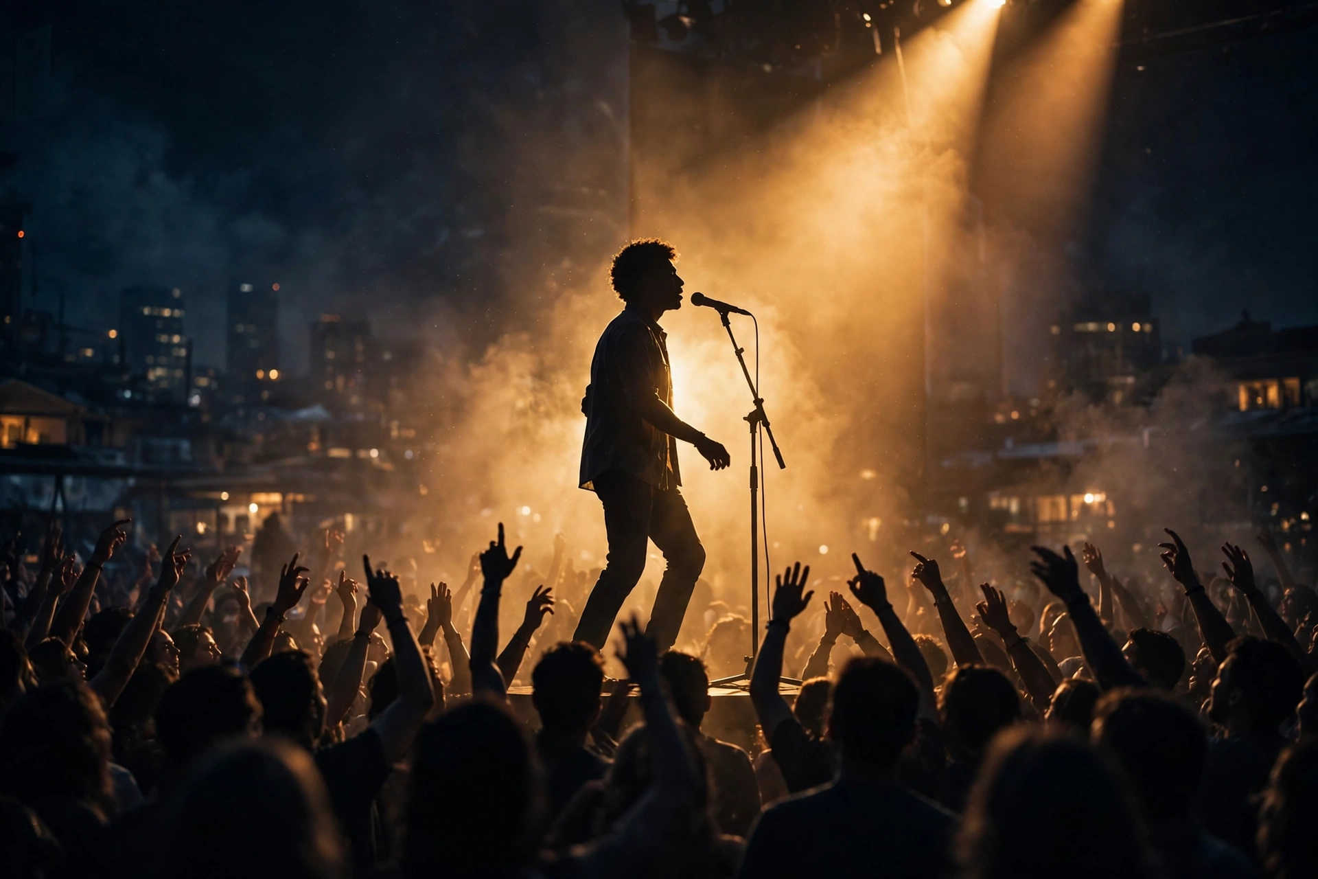 Performer silhouetted on stage in golden light in front of a live crowd